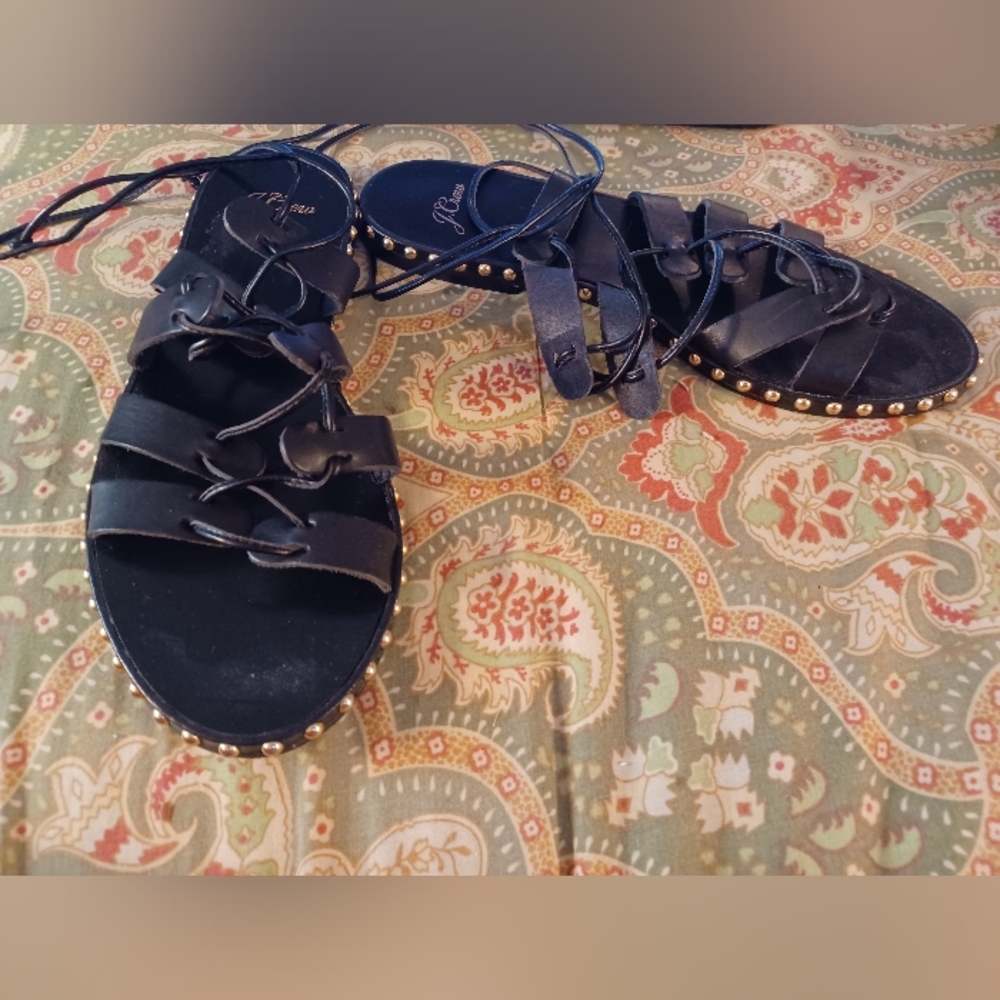 J. Crew 8 black leather gladiator Sandals Flats Shoes Embellished Gold Beads